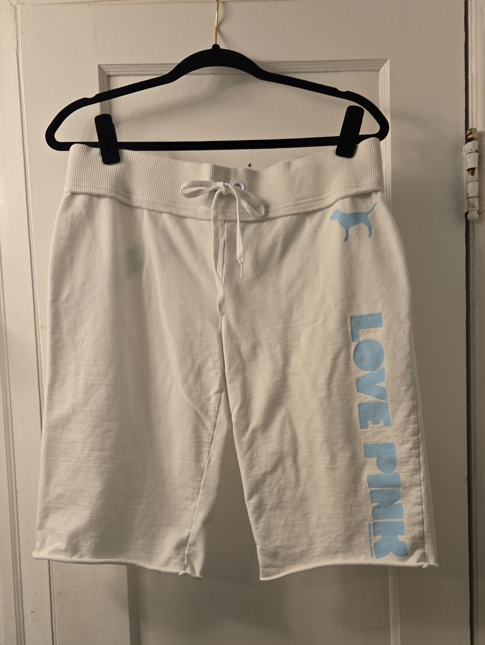 PINK Victoria's Secret White Track Shorts with Light Blue 'LOVE PINK' Logo